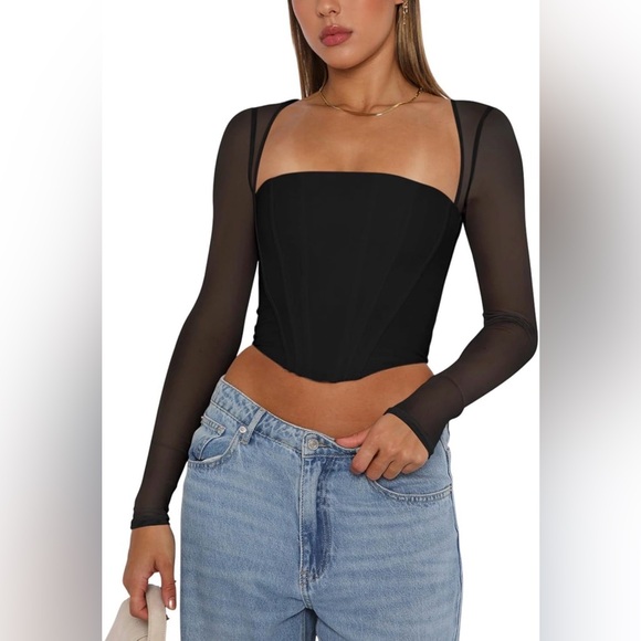 REORIA Mesh Long Sleeve Boned Corset Square Neck Going Out Bustier Crop Top - Picture 3 of 12